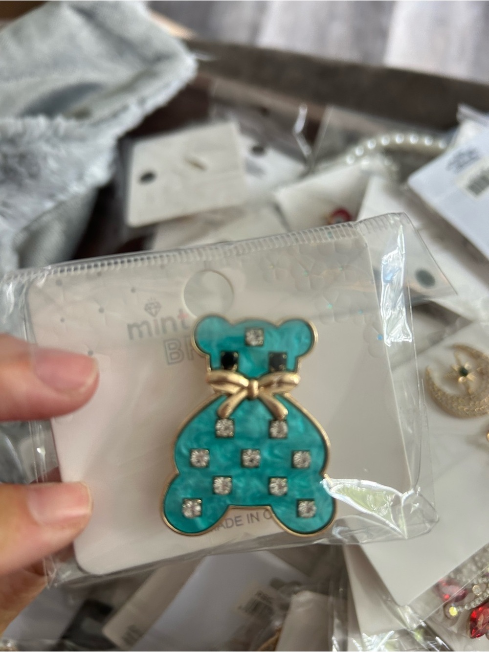 4/$50 Mint Blue Teddy Bear Enamel Pin - Turquoise with Gold Bow